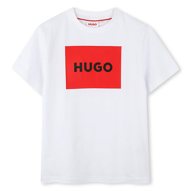 HUGO Playera para niño y adolescente blanca logo al frente en colo rojo